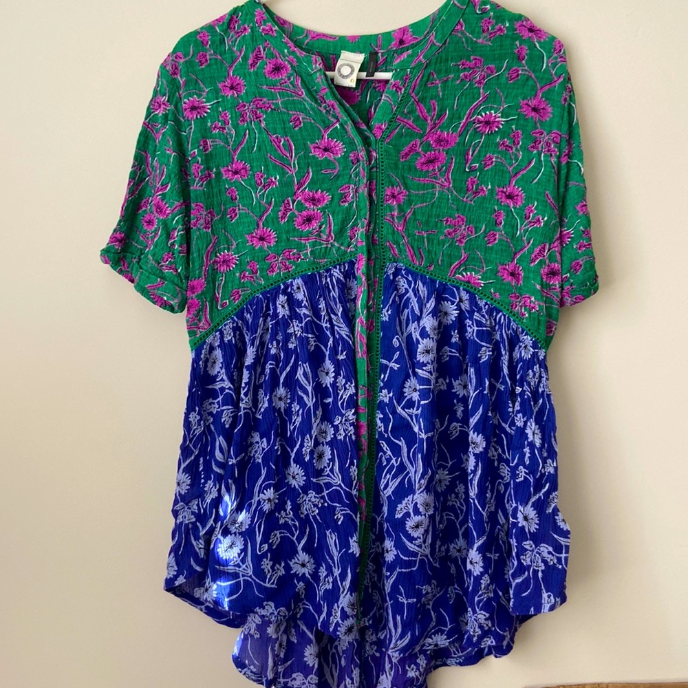 Anthropologie Green and Blue Floral Tunic